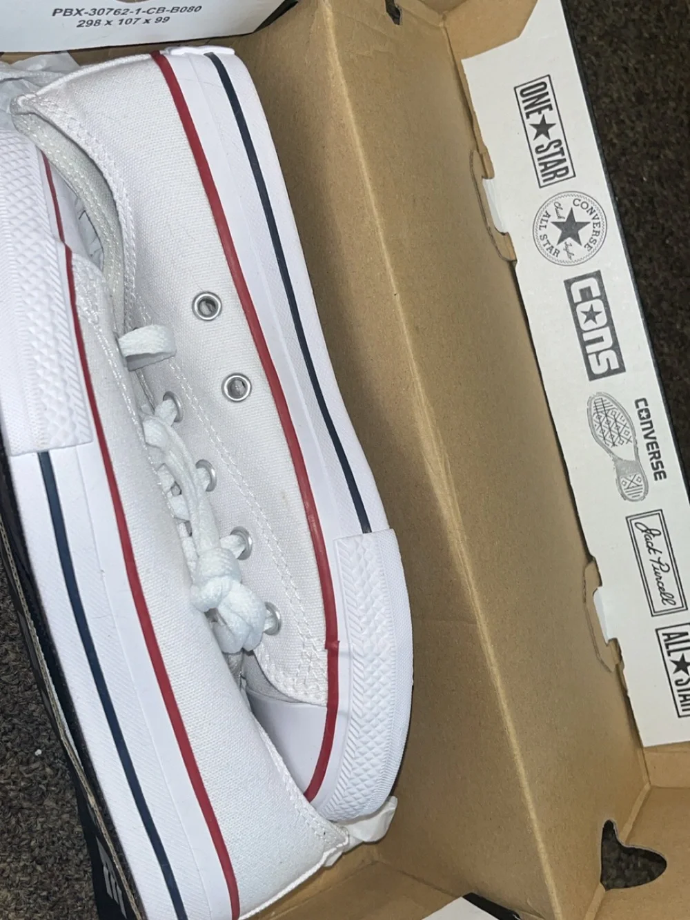 Converse White Kids Low Top Sneakers with Red & Navy Stripes